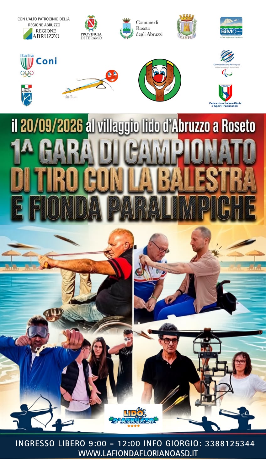 Locandina 1° Gara di Campionato di Tiro con la Balestra e la Fionda Paralimpiche a Roseto degli Abruzzi con immagini di atleti paralimpici in gara