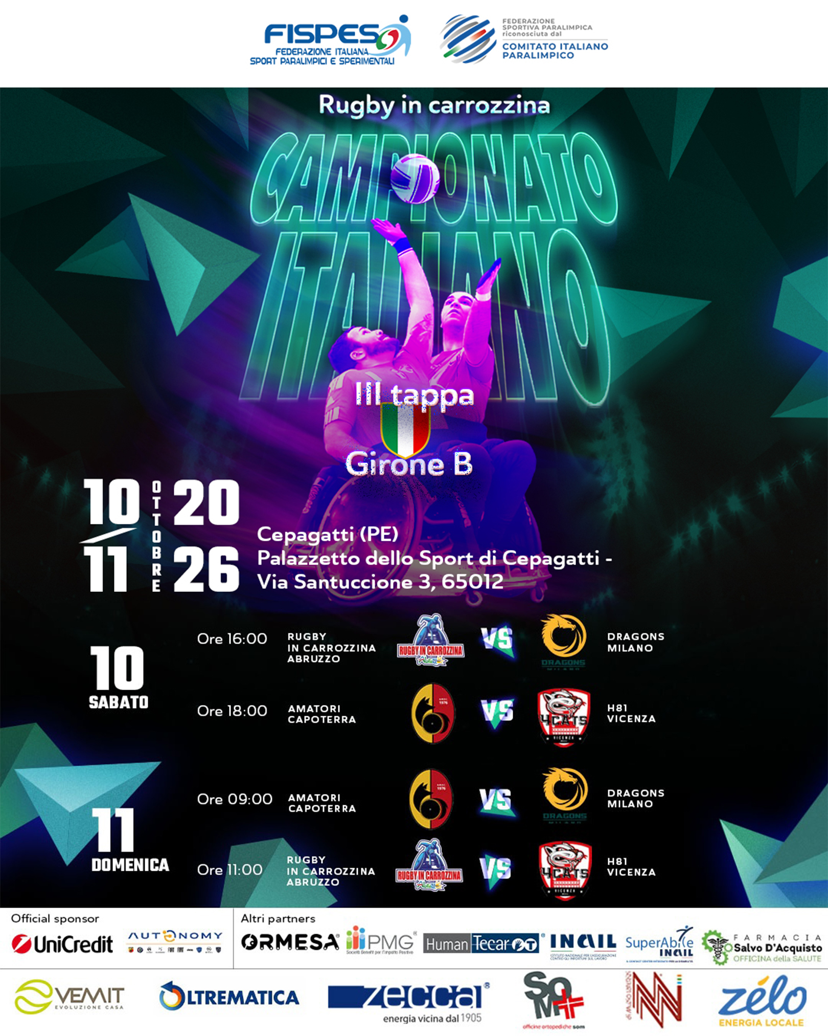 Locandina Campionato Italiano di Rugby in carrozzina, III tappa Girone B, squadre presenti con date ed orari delle competizioni