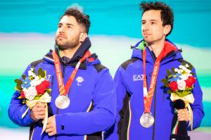 Premiazione per l'argento in Super G di Bertagnolli e Ravelli