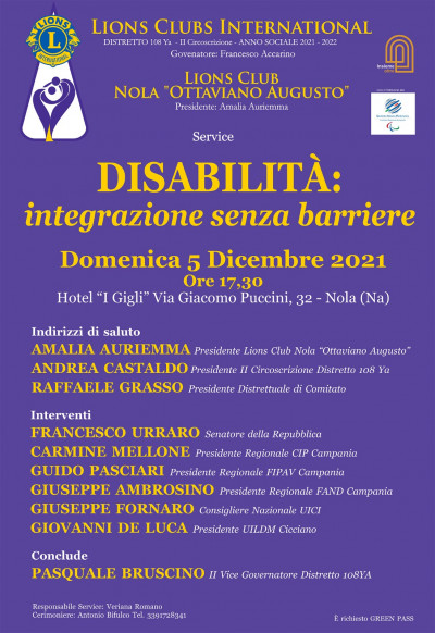 DISABILITA': INTEGRAZIONE SENZA BARRIERE, NOLA (NA) 5 DICEMBRE 2021