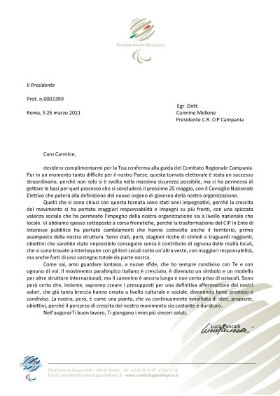 LETTERA DEL PRESIDENTE NAZIONALE DEL CIP LUCA PANCALLI AL PRESIDENTE REGIONAL...