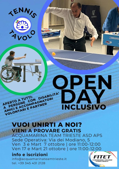 OPEN DAY – Prova il Tennistavolo all' Acquamarina Team Trieste