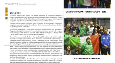 Campionato Italiano FISDIR Tennis Tavolo - Matera 16 e 17 marzo 2019