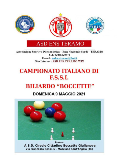 Il 9 maggio a Mosciano Sant'Angelo il Campionato Italiano FSSI Biliardo e Boc...