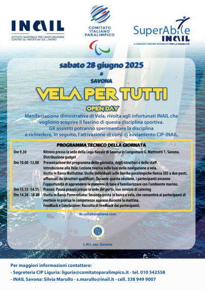 Vela per Tutti: Domani a Savona l'Open Day per gli Infortunati INAIL